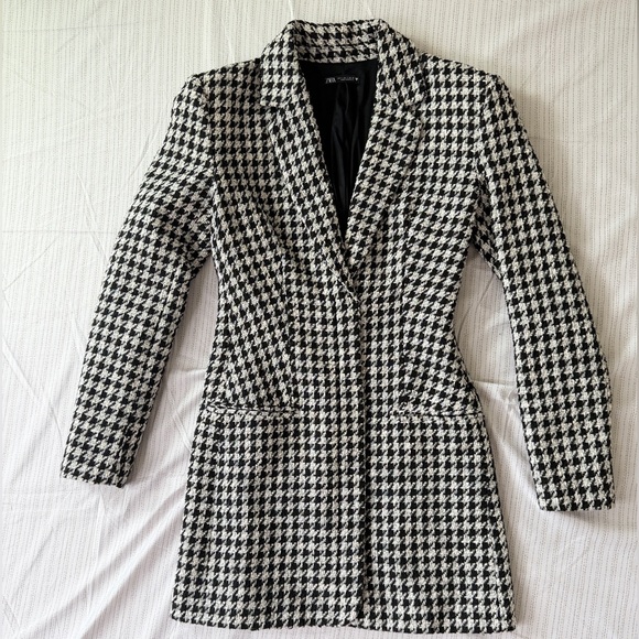 Zara Houndstooth Blazer Mini Dress Tailored Welt Pocket Sz S Retro Glam Core - Picture 4 of 16